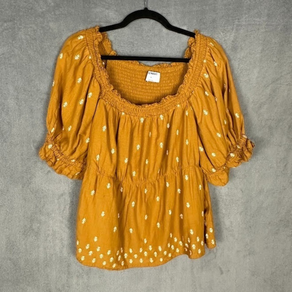 Old Navy Top Womens Extra Large Gold Floral Embroidered Peasant Boho Cottage